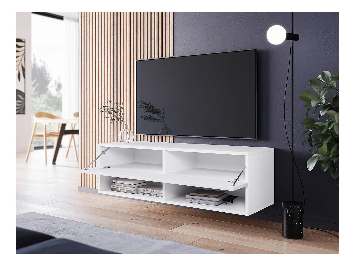 Meuble TV moderne 100 cm avec LED – sans poignées, corps blanc mat, façades blanc brillant, au sol ou suspendu