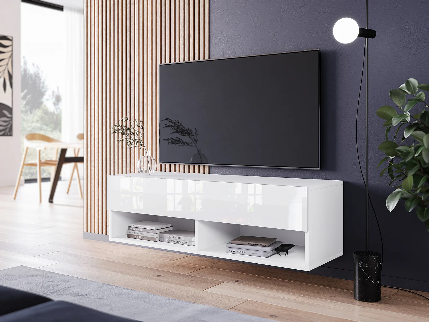 Mueble de TV moderno 100 cm con LED – sin tiradores, cuerpo blanco mate, frentes blanco brillo, de pie o colgante