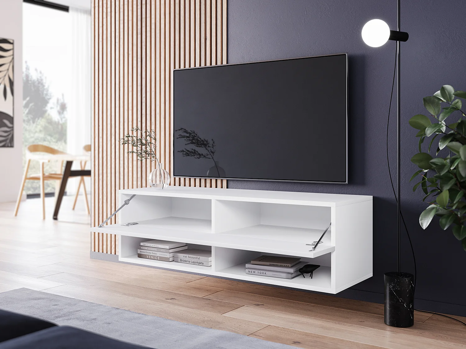 Mueble de TV moderno 100 cm con LED – sin tiradores, cuerpo blanco mate, frentes blanco brillo, de pie o colgante