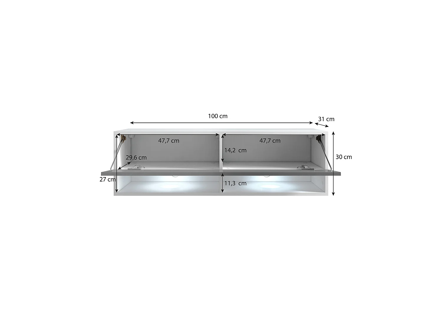 Moderner 100 cm TV-Ständer mit LED-Beleuchtung, glänzend weißen Fronten, mattem weißen Korpus, wandmontierbar