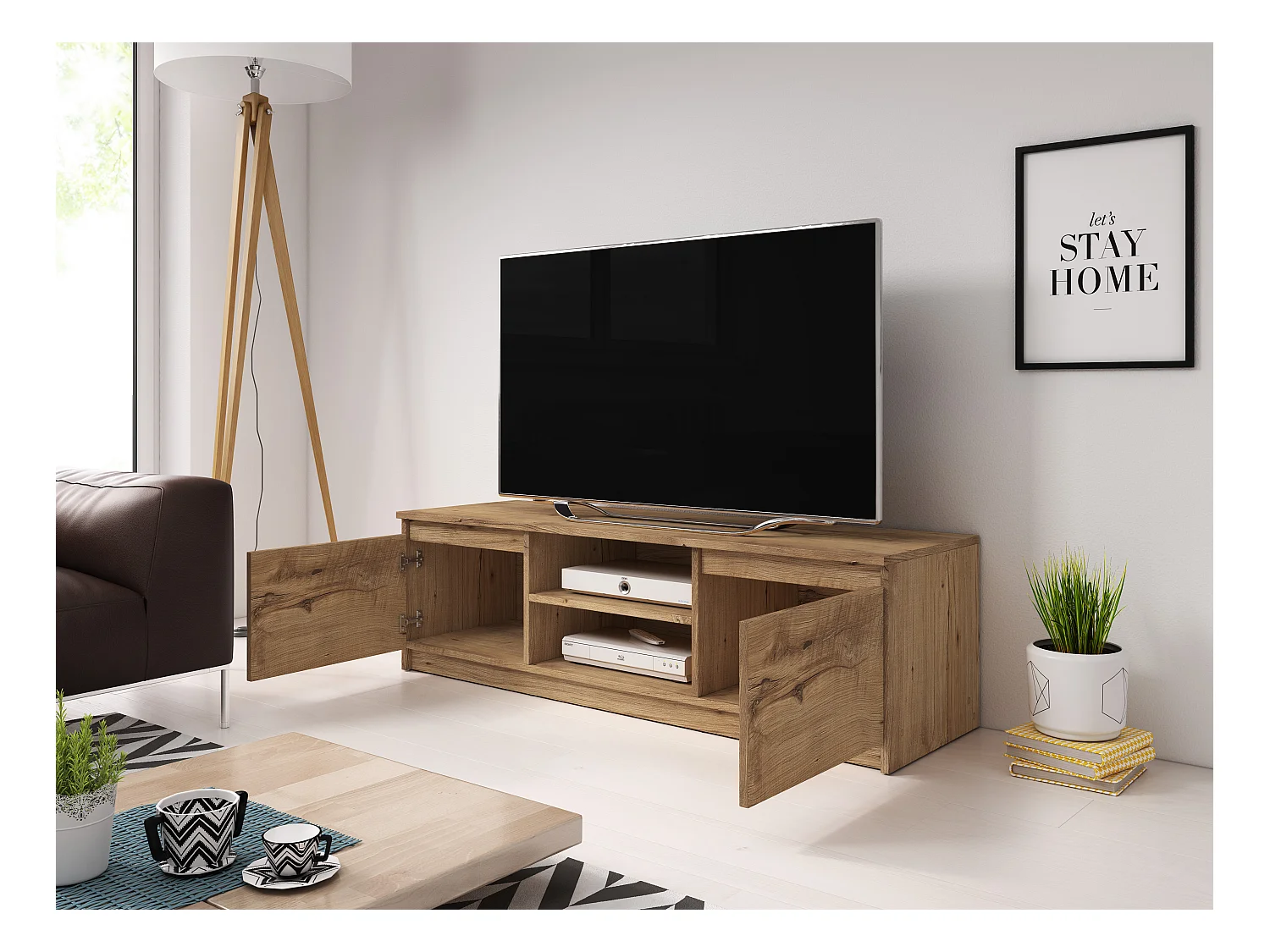 Prosta szafka RTV 120 cm z LED, pod telewizor, 2 szafki i półki, kasztan