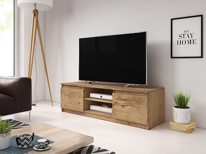 Meuble TV simple 120 cm avec LED, pour téléviseur, 2 placards et étagères, châtaignier