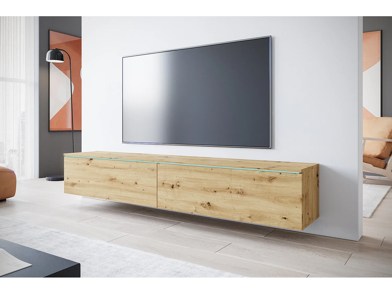 Nowoczesna szafka RTV 180 cm do salonu z LED – 2-drzwiowa, bezuchwytowa, dąb artisan, stojąca lub wisząca