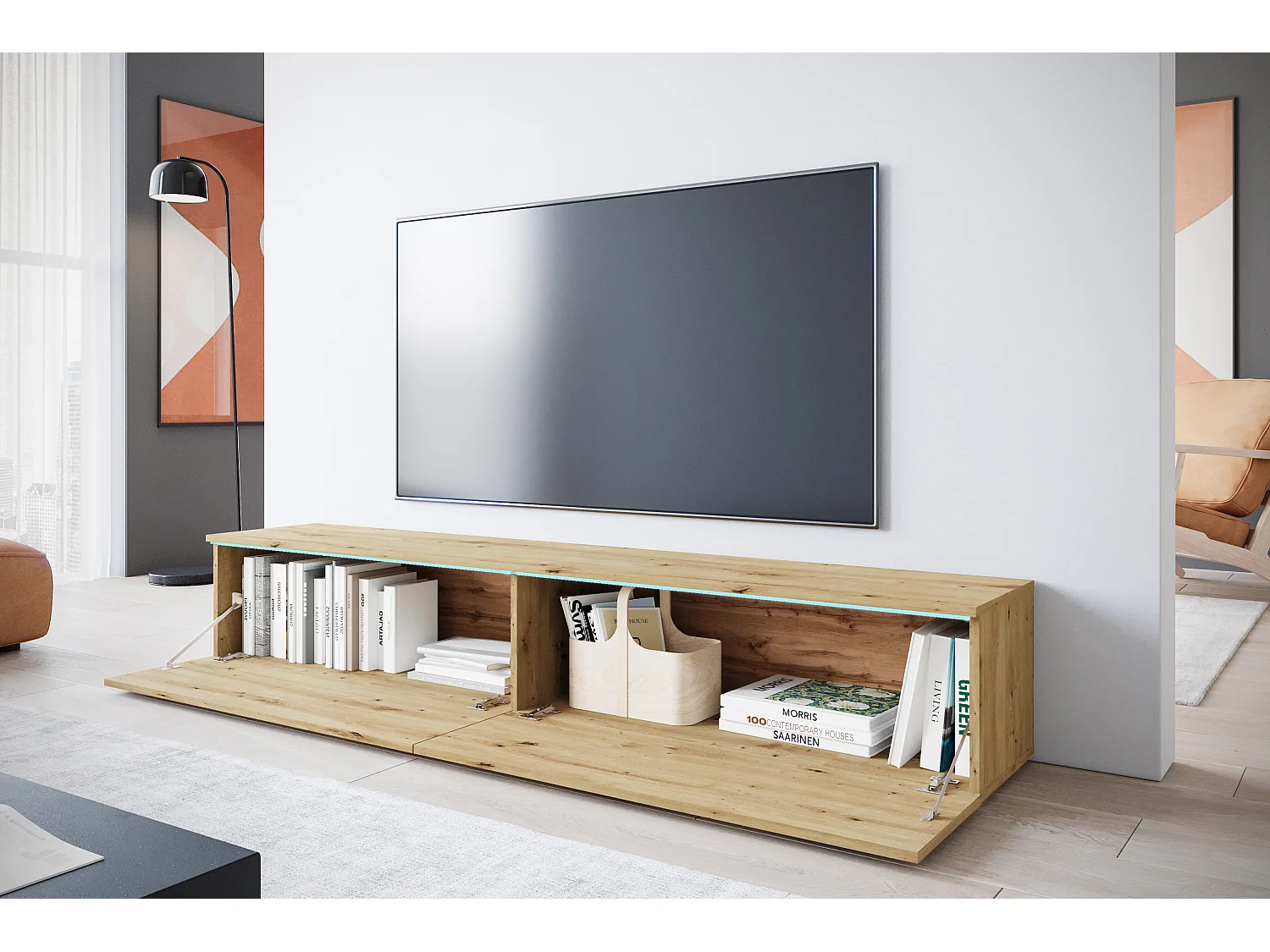 Nowoczesna szafka RTV 180 cm do salonu z LED – 2-drzwiowa, bezuchwytowa, dąb artisan, stojąca lub wisząca