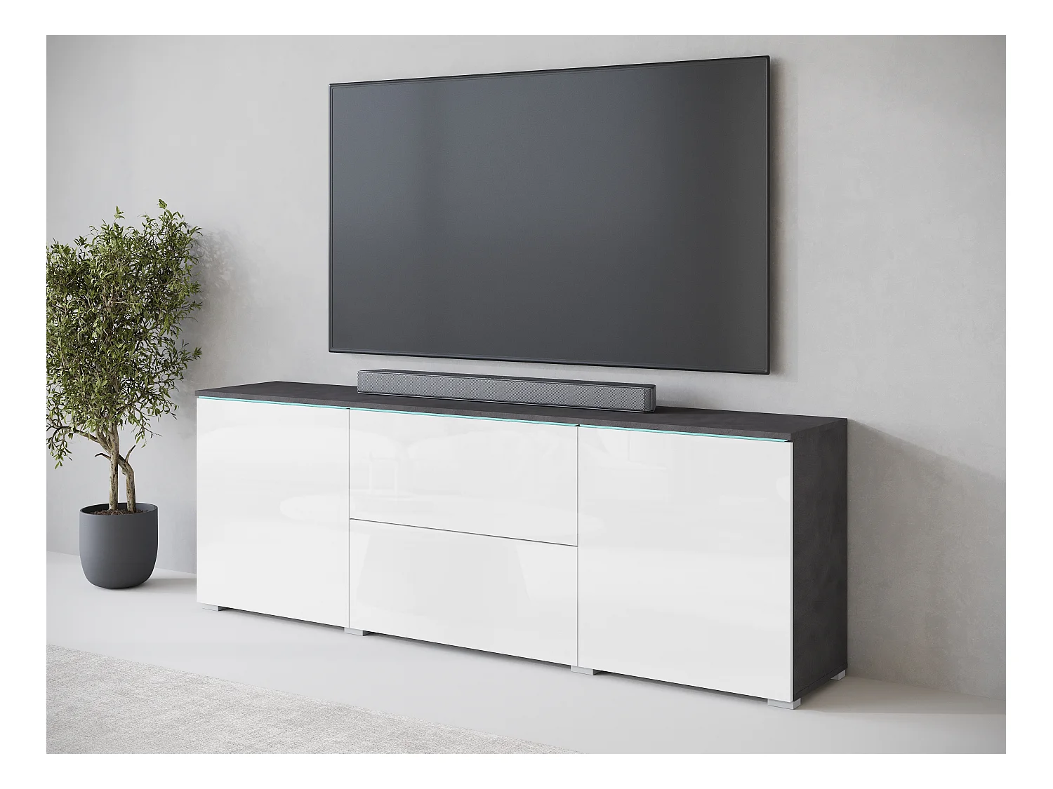 Meuble bas TV moderne 180 cm avec LED – meuble haut pour télévision avec tiroirs et étagères, caisson anthracite mat, façades blanc brillant