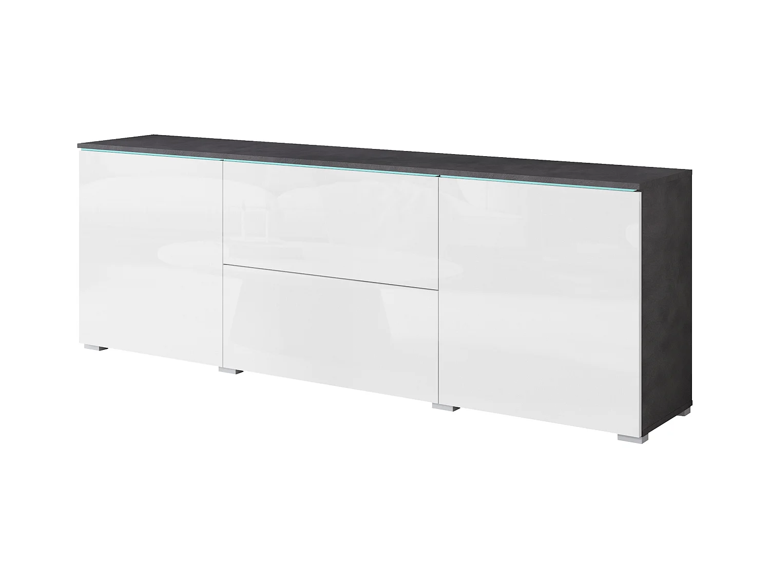 Meuble bas TV moderne 180 cm avec LED – meuble haut pour télévision avec tiroirs et étagères, caisson anthracite mat, façades blanc brillant
