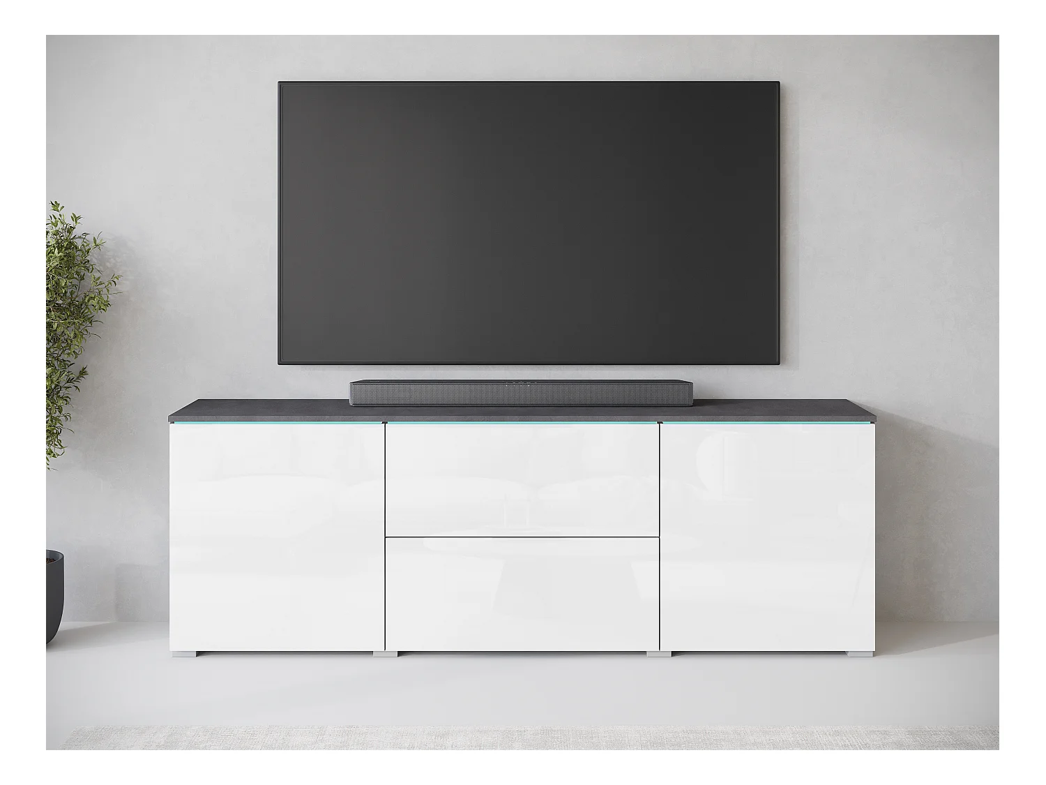 Meuble bas TV moderne 180 cm avec LED – meuble haut pour télévision avec tiroirs et étagères, caisson anthracite mat, façades blanc brillant