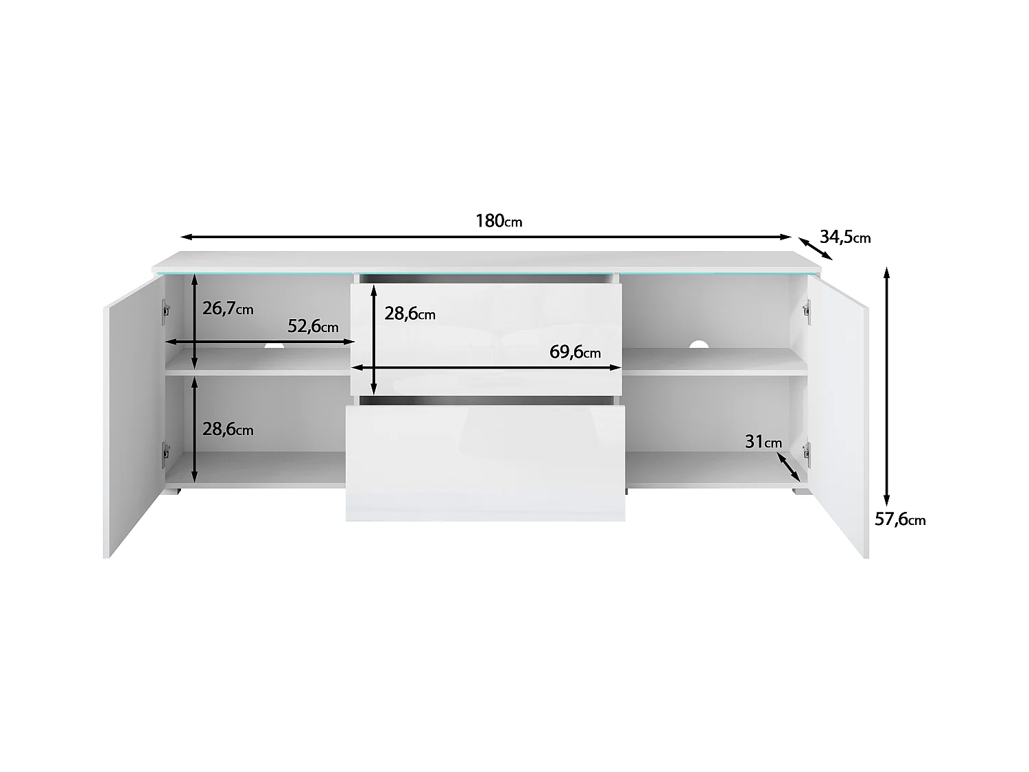 Mueble bajo de TV moderno 180 cm con LED – mueble alto para televisor con cajones y estantes, cuerpo antracita mate, frentes blanco brillo