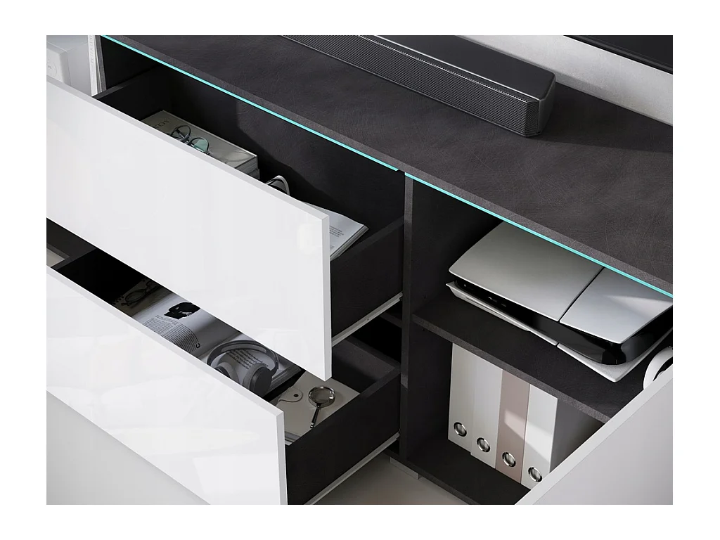 Mueble bajo de TV moderno 180 cm con LED – mueble alto para televisor con cajones y estantes, cuerpo antracita mate, frentes blanco brillo