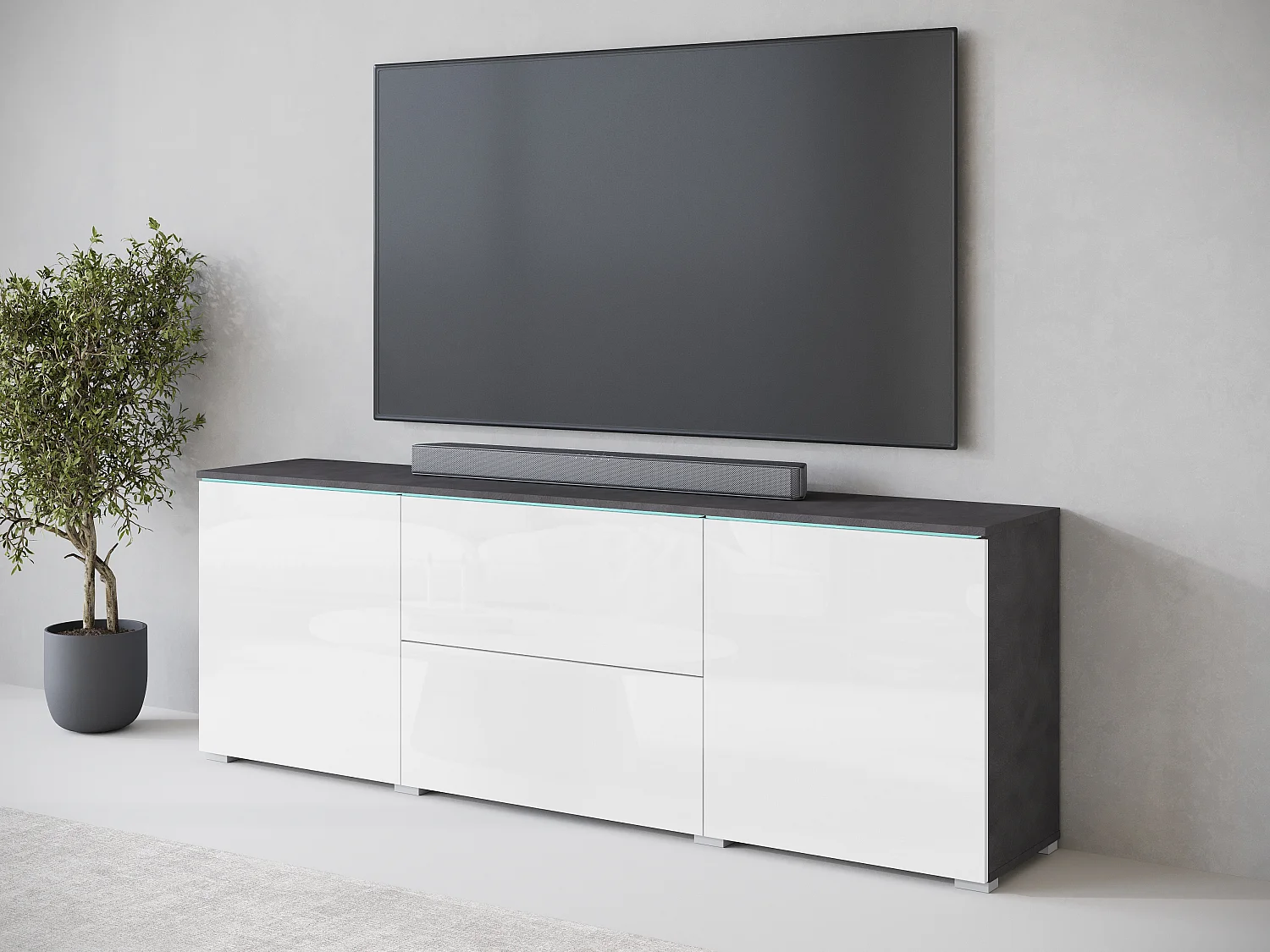 Moderne lowboard TV-meubel 180 cm met LED – hoge TV-kast met laden en planken, corpus antraciet mat, fronten wit hoogglans