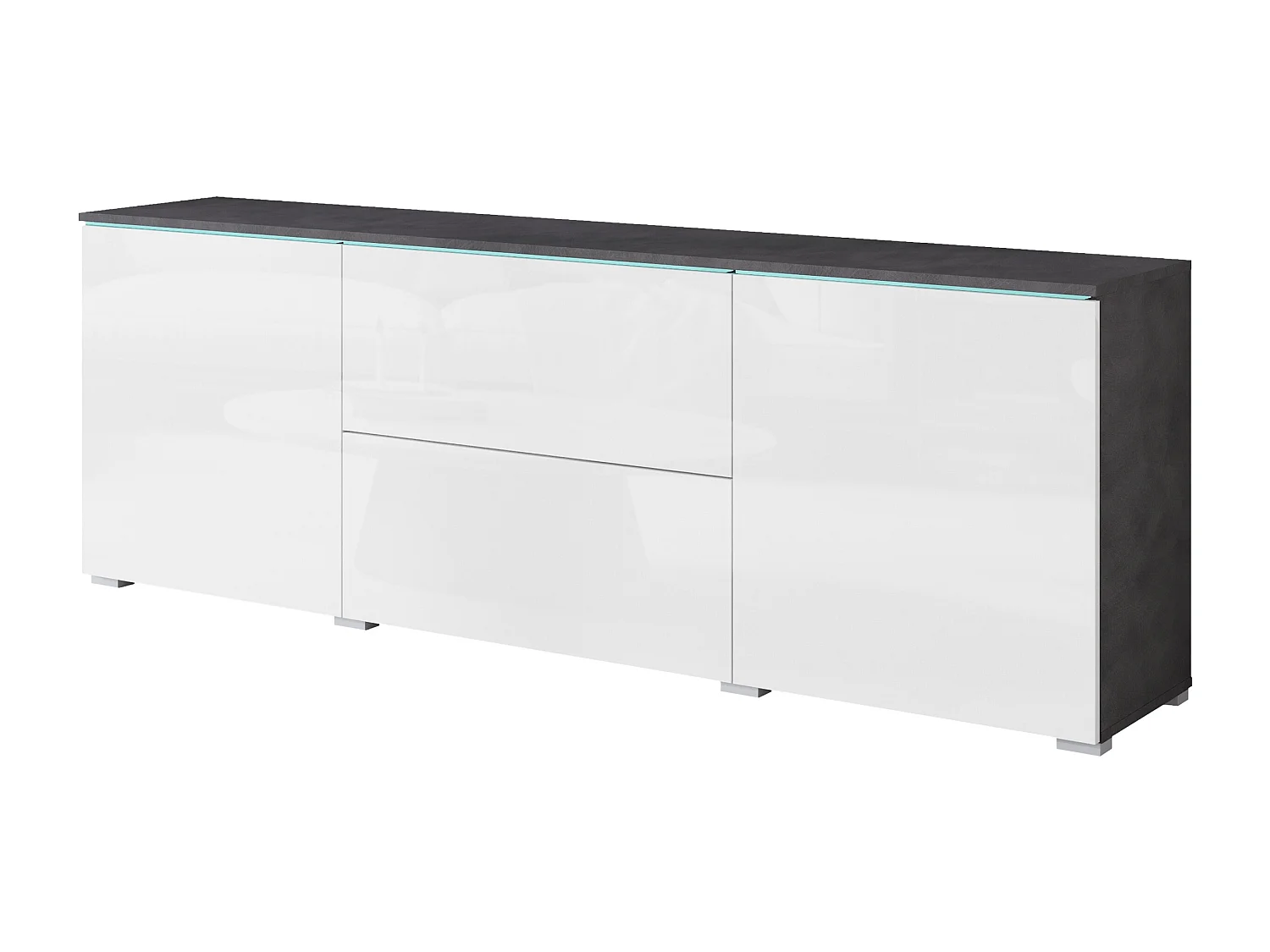 Moderne lowboard TV-meubel 180 cm met LED – hoge TV-kast met laden en planken, corpus antraciet mat, fronten wit hoogglans