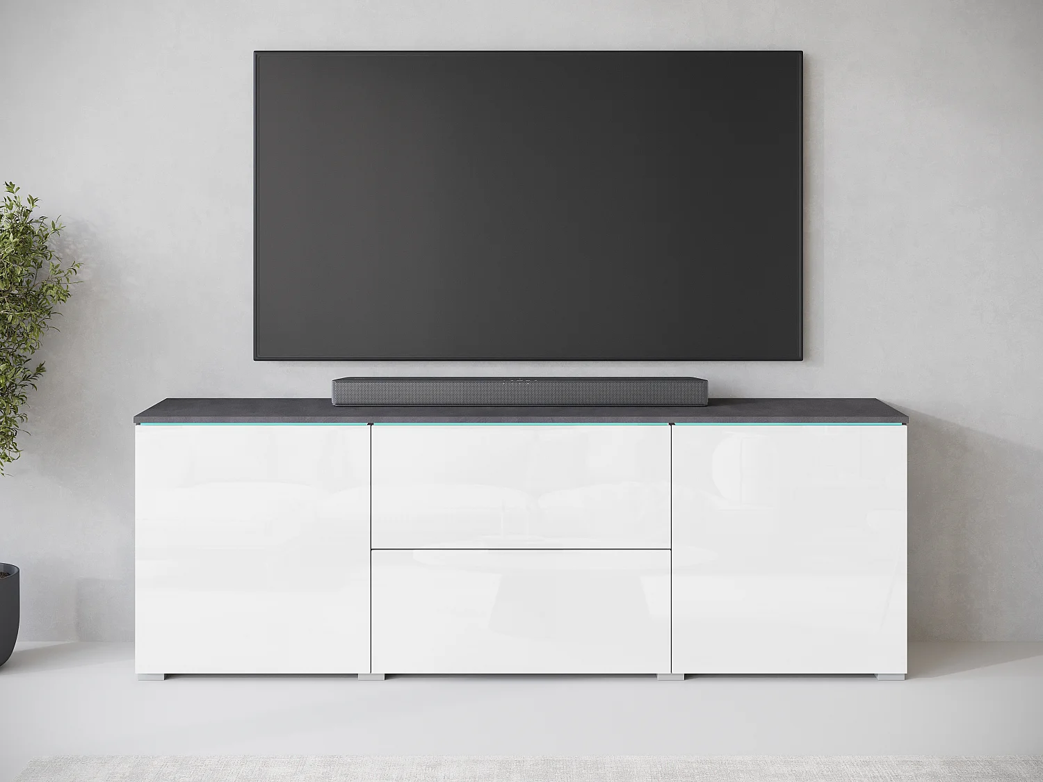Moderne lowboard TV-meubel 180 cm met LED – hoge TV-kast met laden en planken, corpus antraciet mat, fronten wit hoogglans