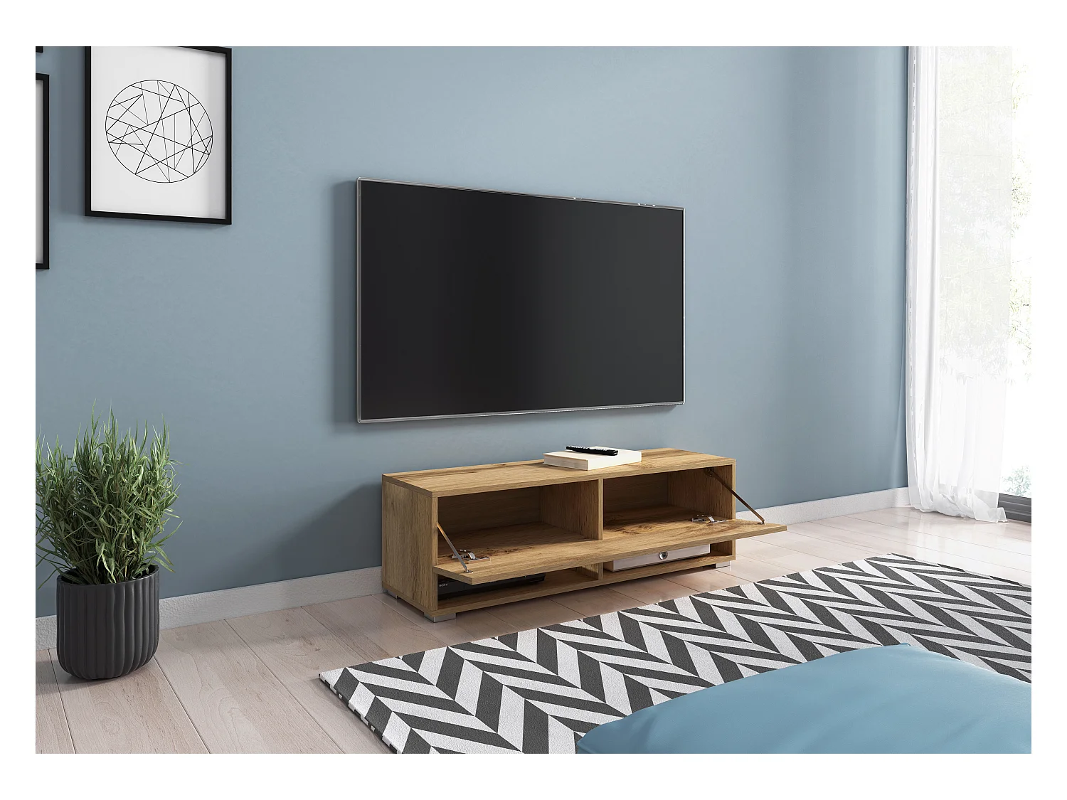 Nowoczesna szafka RTV 100 cm z LED – bezuchwytowa, dąb wotan, stojąca lub wisząca