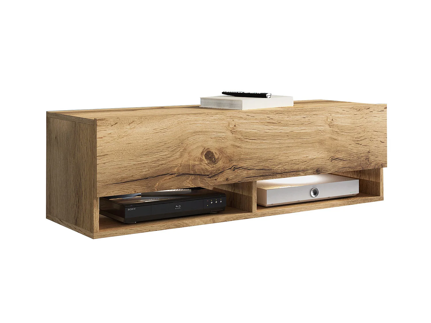 Modern TV-bänk på 100 cm med LED-belysning, matt finish, utan handtag, ek Wotan, väggmonterbar