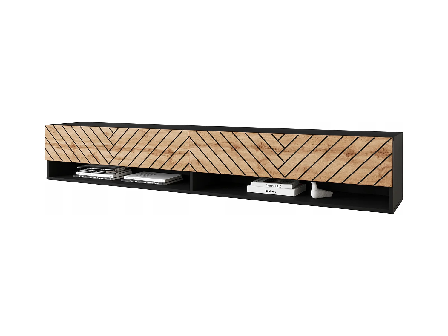 Meuble TV moderne 180 cm avec LED – corps noir mat, façades MDF chêne Wotan motif chevrons, sans poignées, suspendu ou posé