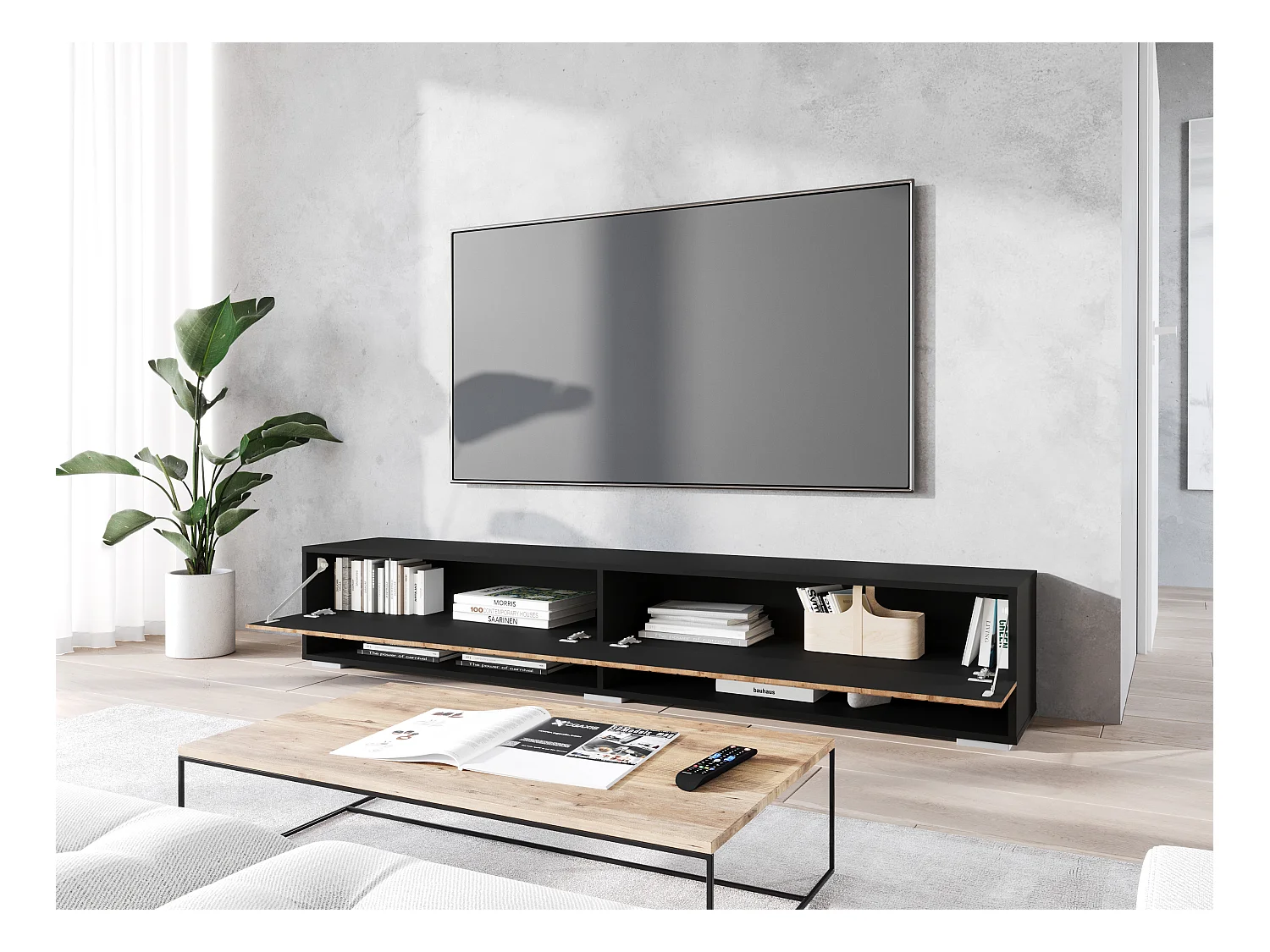 Meuble TV moderne 180 cm avec LED – corps noir mat, façades MDF chêne Wotan motif chevrons, sans poignées, suspendu ou posé