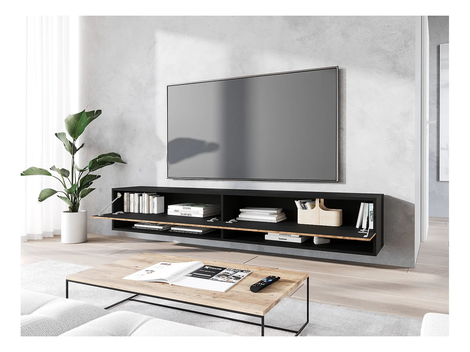 Meuble TV moderne 180 cm avec LED – corps noir mat, façades MDF chêne Wotan motif chevrons, sans poignées, suspendu ou posé