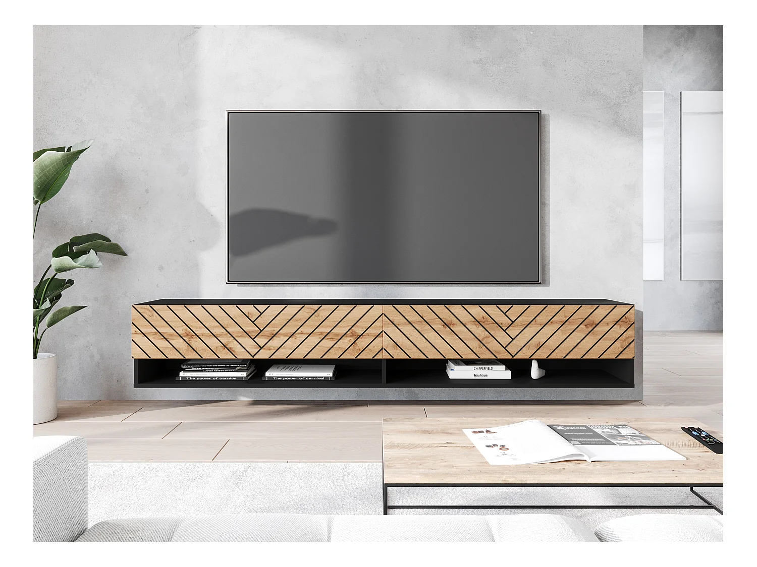 Meuble TV moderne 180 cm avec LED – corps noir mat, façades MDF chêne Wotan motif chevrons, sans poignées, suspendu ou posé