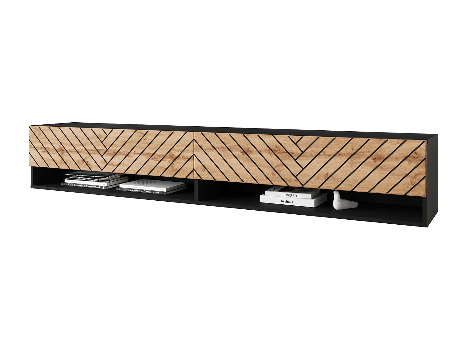 Meuble TV moderne 180 cm avec LED – corps noir mat, façades MDF chêne Wotan motif chevrons, sans poignées, suspendu ou posé