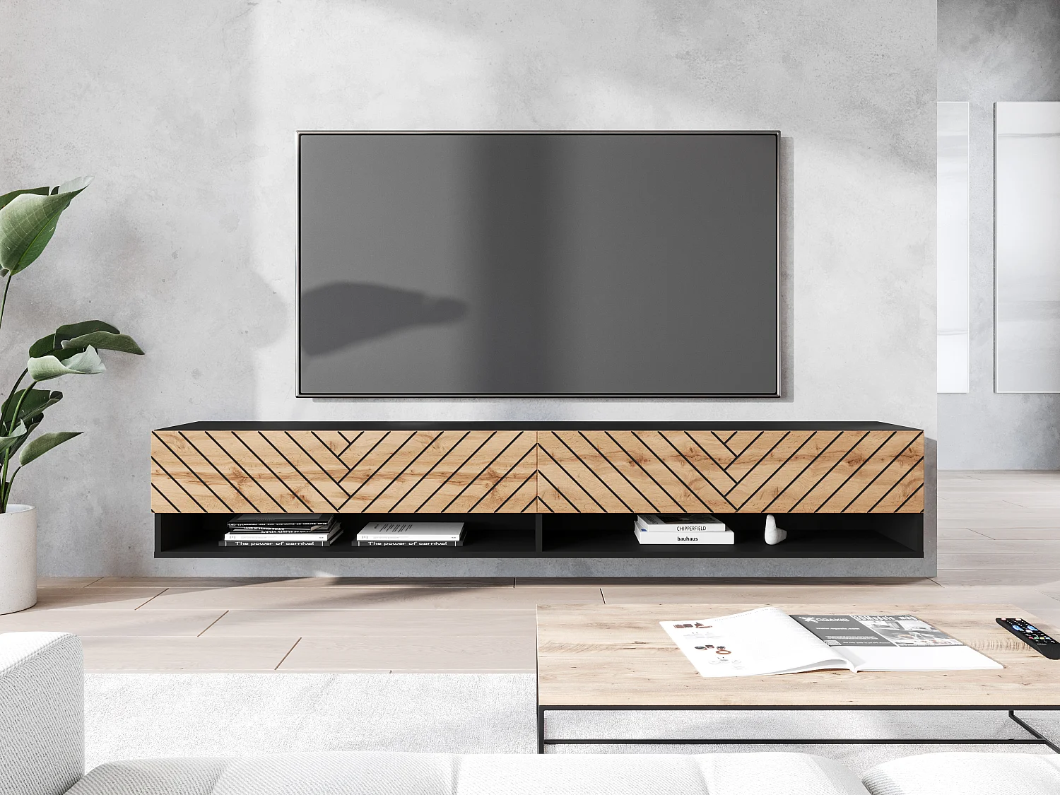 Meuble TV moderne 180 cm avec LED – corps noir mat, façades MDF chêne Wotan motif chevrons, sans poignées, suspendu ou posé