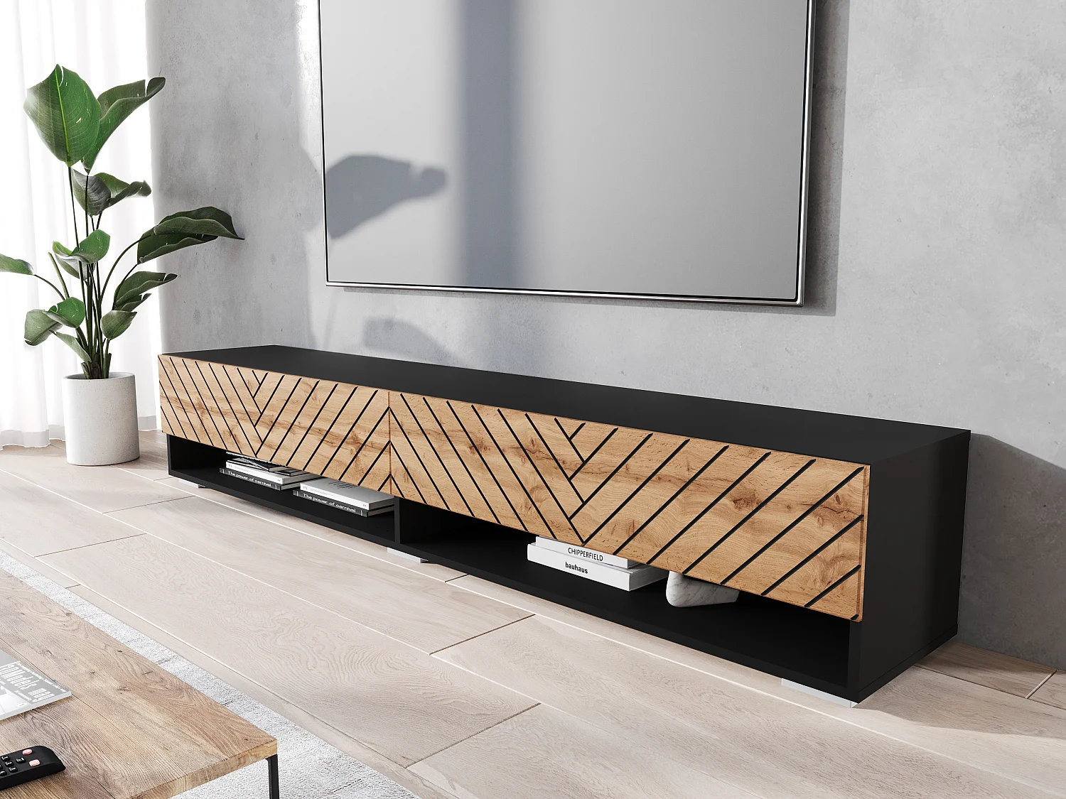 Moderner 180 cm TV-Ständer mit LED-Beleuchtung, Chevron-Muster, matt-schwarzer Korpus, MDF-Fronten, hängend oder stehend