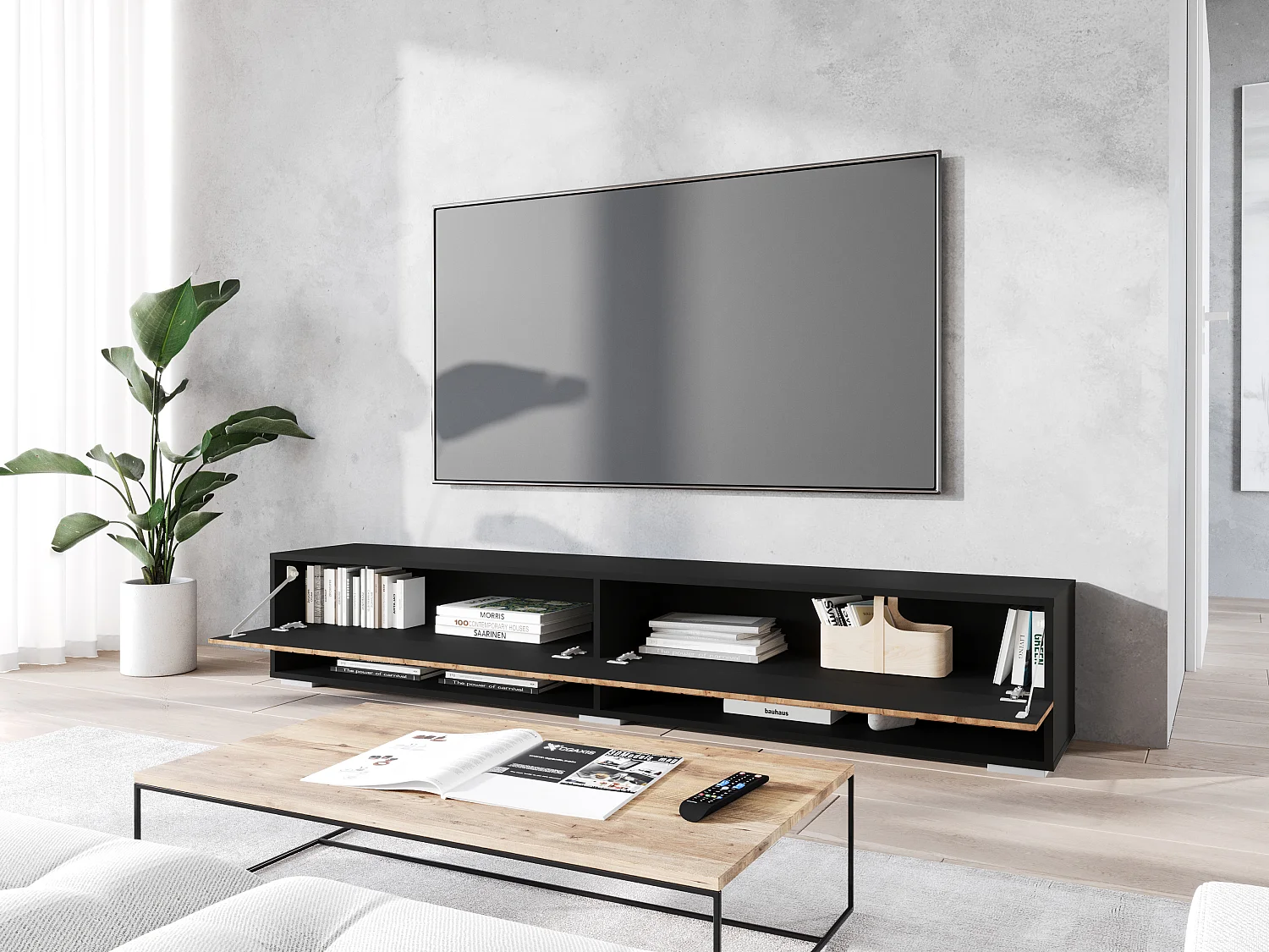 Moderner 180 cm TV-Ständer mit LED-Beleuchtung, Chevron-Muster, matt-schwarzer Korpus, MDF-Fronten, hängend oder stehend