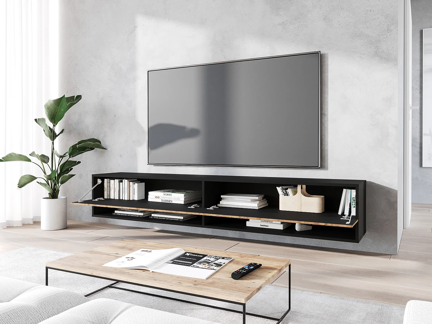Moderner 180 cm TV-Ständer mit LED-Beleuchtung, Chevron-Muster, matt-schwarzer Korpus, MDF-Fronten, hängend oder stehend
