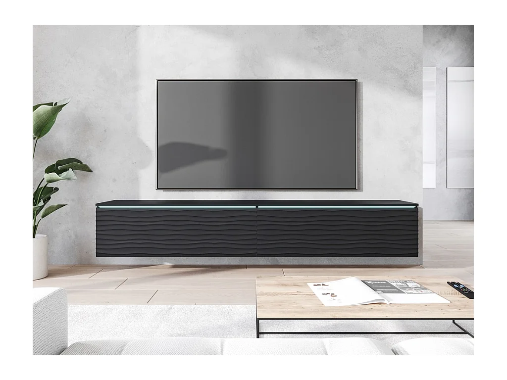Nowoczesna szafka RTV 180 cm do salonu z LED – 2-drzwiowa, bezuchwytowa, czarny mat, stojąca lub wisząca, fronty MDF fala