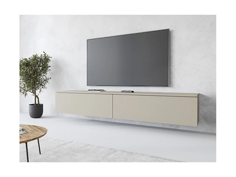 Meuble TV moderne 180 cm pour salon avec LED – 2 portes, sans poignées, beige cachemire mat, à poser ou à suspendre