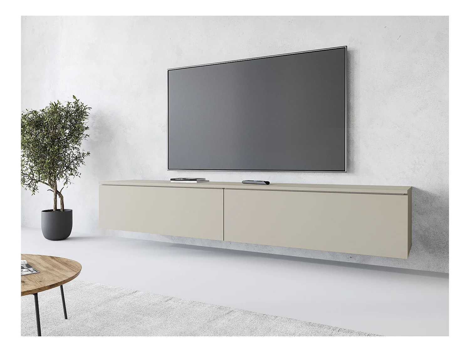 Meuble TV moderne 180 cm pour salon avec LED – 2 portes, sans poignées, beige cachemire mat, à poser ou à suspendre