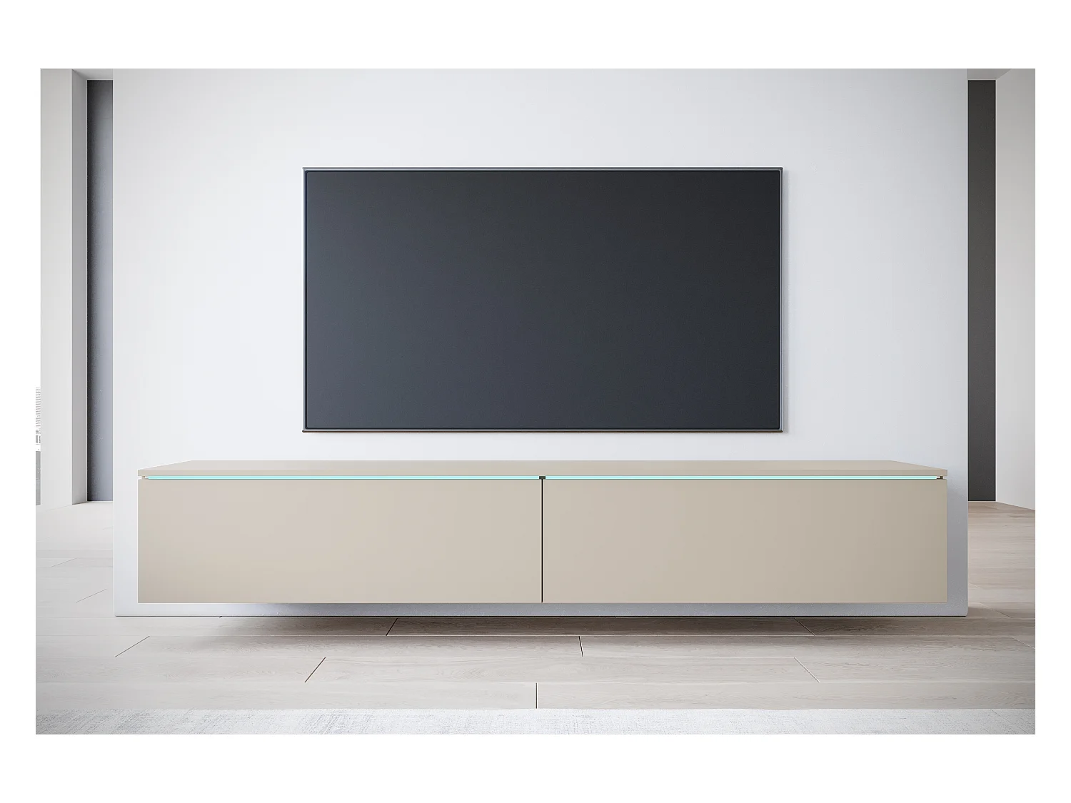 Meuble TV moderne 180 cm pour salon avec LED – 2 portes, sans poignées, beige cachemire mat, à poser ou à suspendre