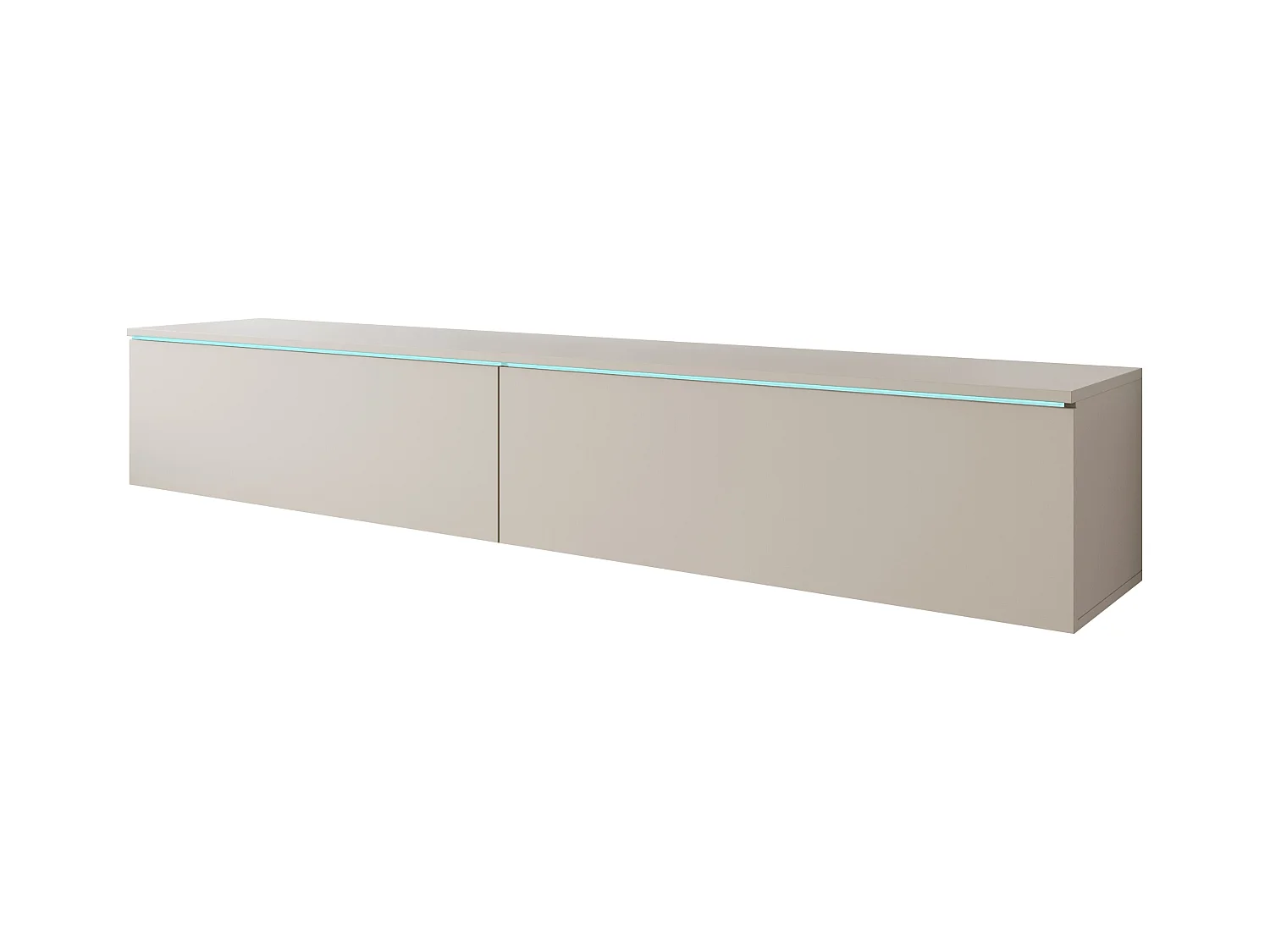 Meuble TV moderne 180 cm pour salon avec LED – 2 portes, sans poignées, beige cachemire mat, à poser ou à suspendre