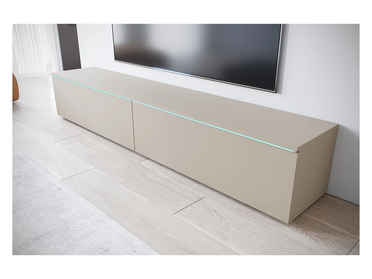 Meuble TV moderne 180 cm pour salon avec LED – 2 portes, sans poignées, beige cachemire mat, à poser ou à suspendre