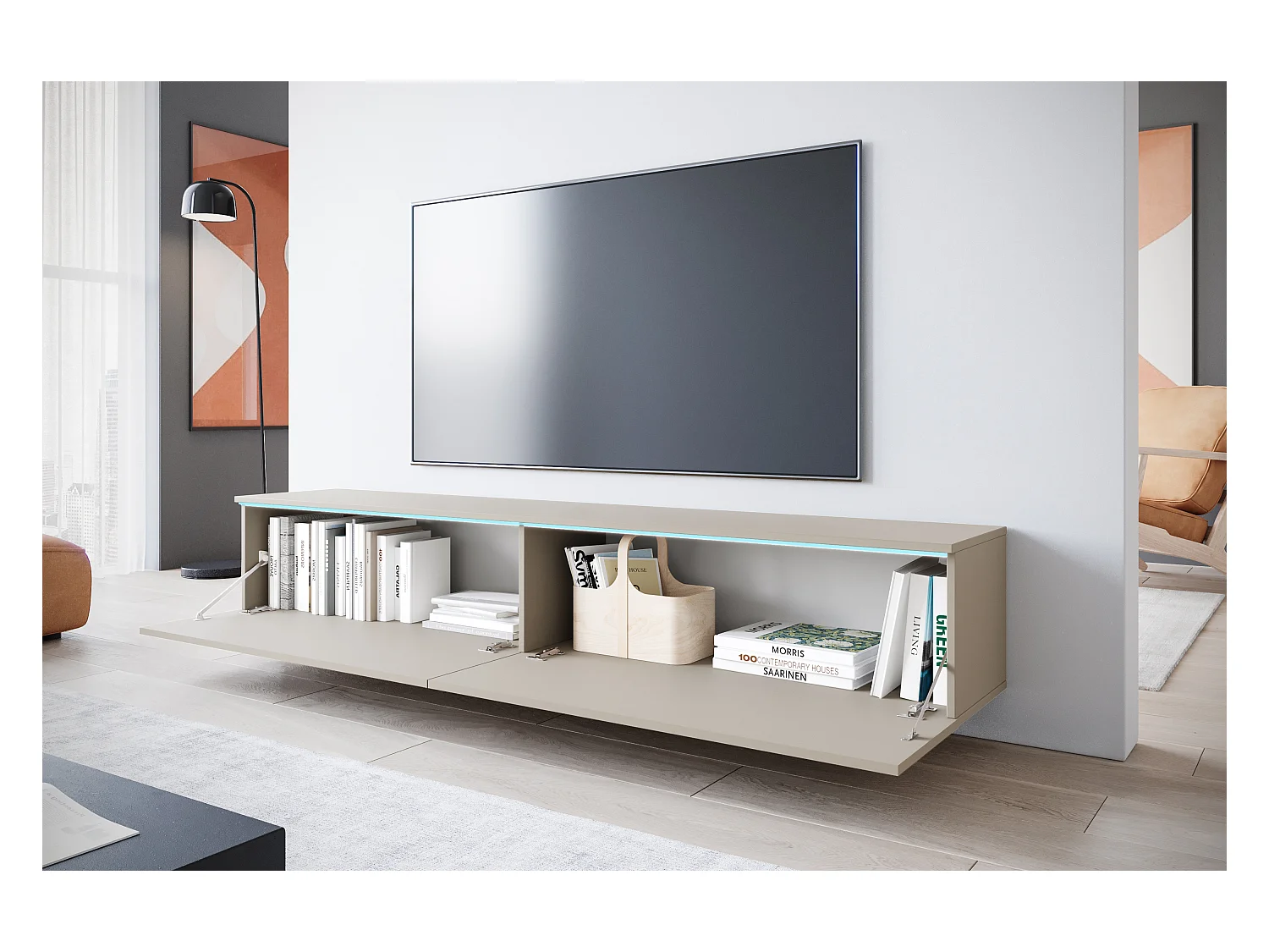Meuble TV moderne 180 cm pour salon avec LED – 2 portes, sans poignées, beige cachemire mat, à poser ou à suspendre