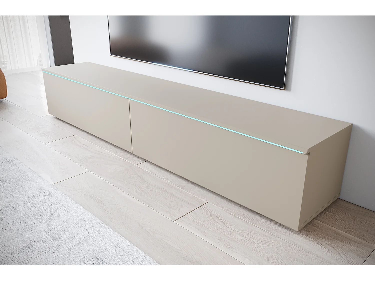 Meuble TV moderne 180 cm pour salon avec LED – 2 portes, sans poignées, beige cachemire mat, à poser ou à suspendre