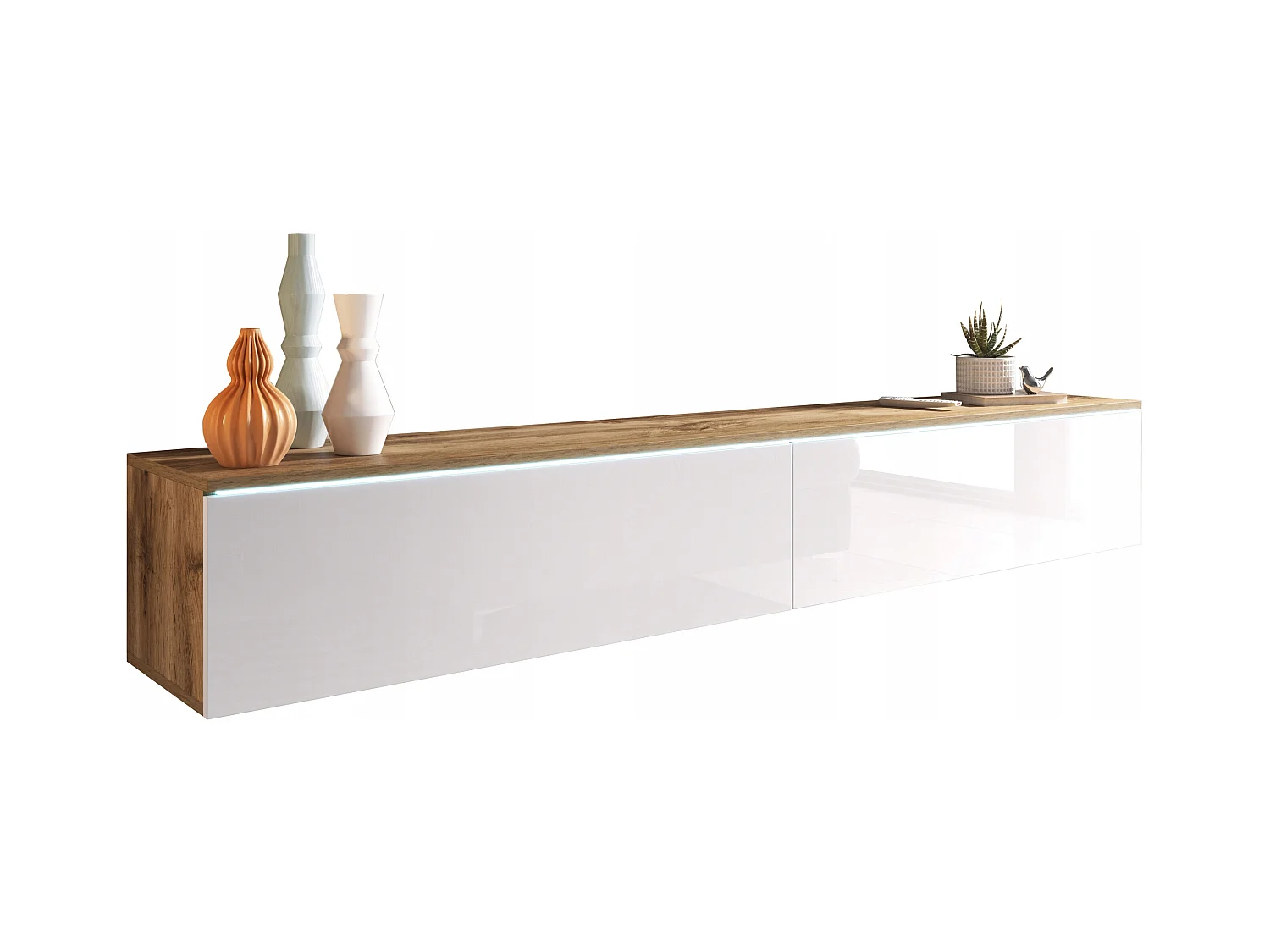 Meuble TV moderne 180 cm pour salon avec LED – 2 portes, sans poignées, caisson chêne wotan, façades blanc brillant, à poser ou à suspendre