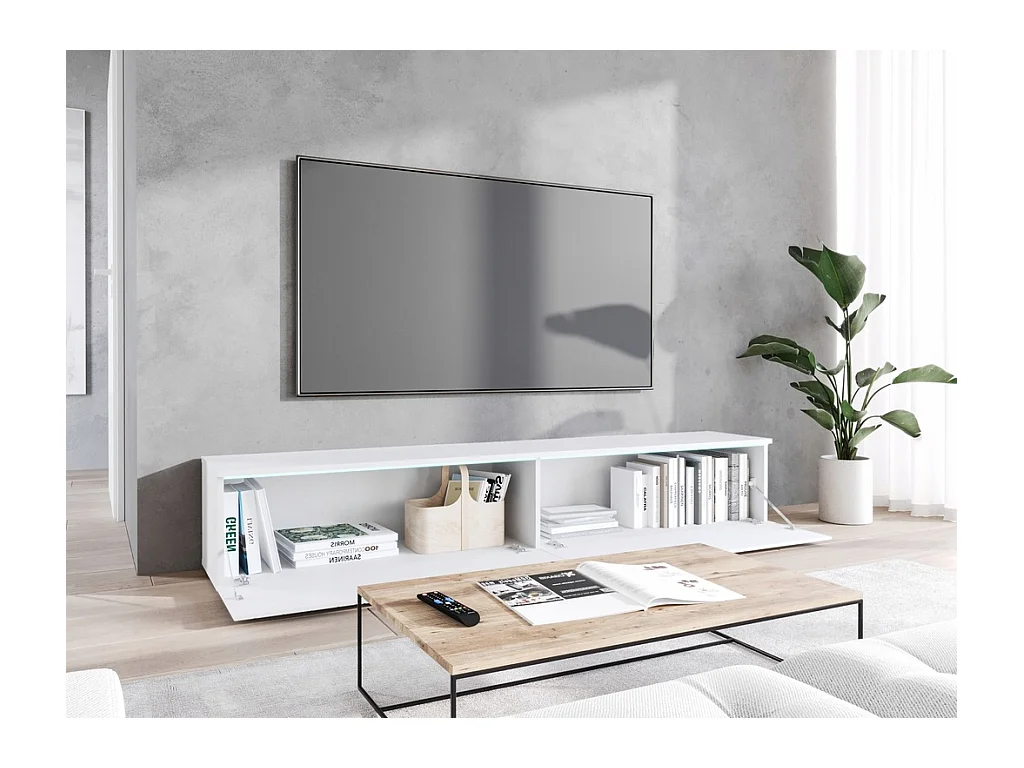 Meuble TV moderne 180 cm avec LED pour salon – 2 portes, sans poignées, blanc mat, à poser ou suspendu, façades MDF motif chevrons