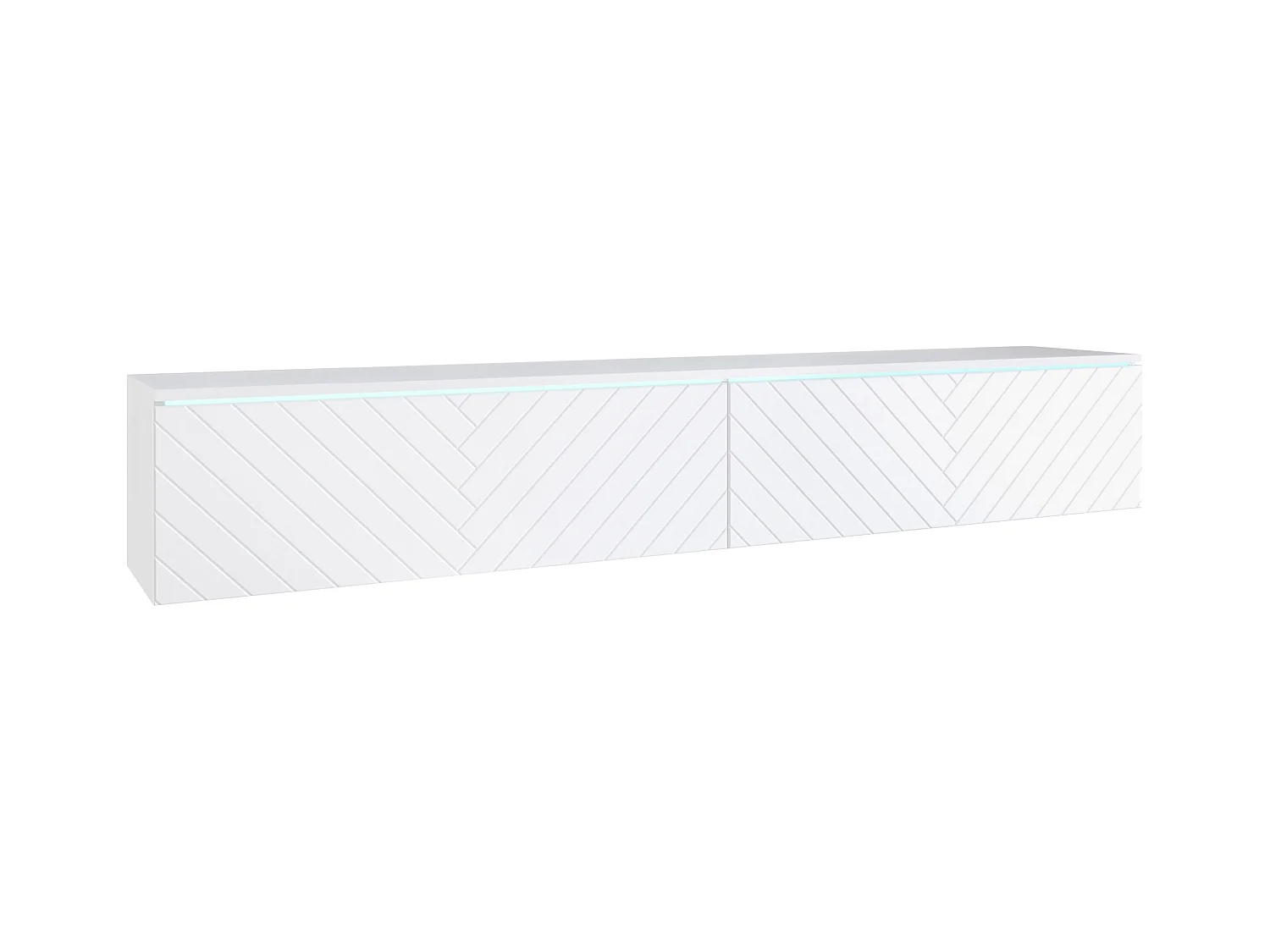 Meuble TV moderne 180 cm avec LED pour salon – 2 portes, sans poignées, blanc mat, à poser ou suspendu, façades MDF motif chevrons