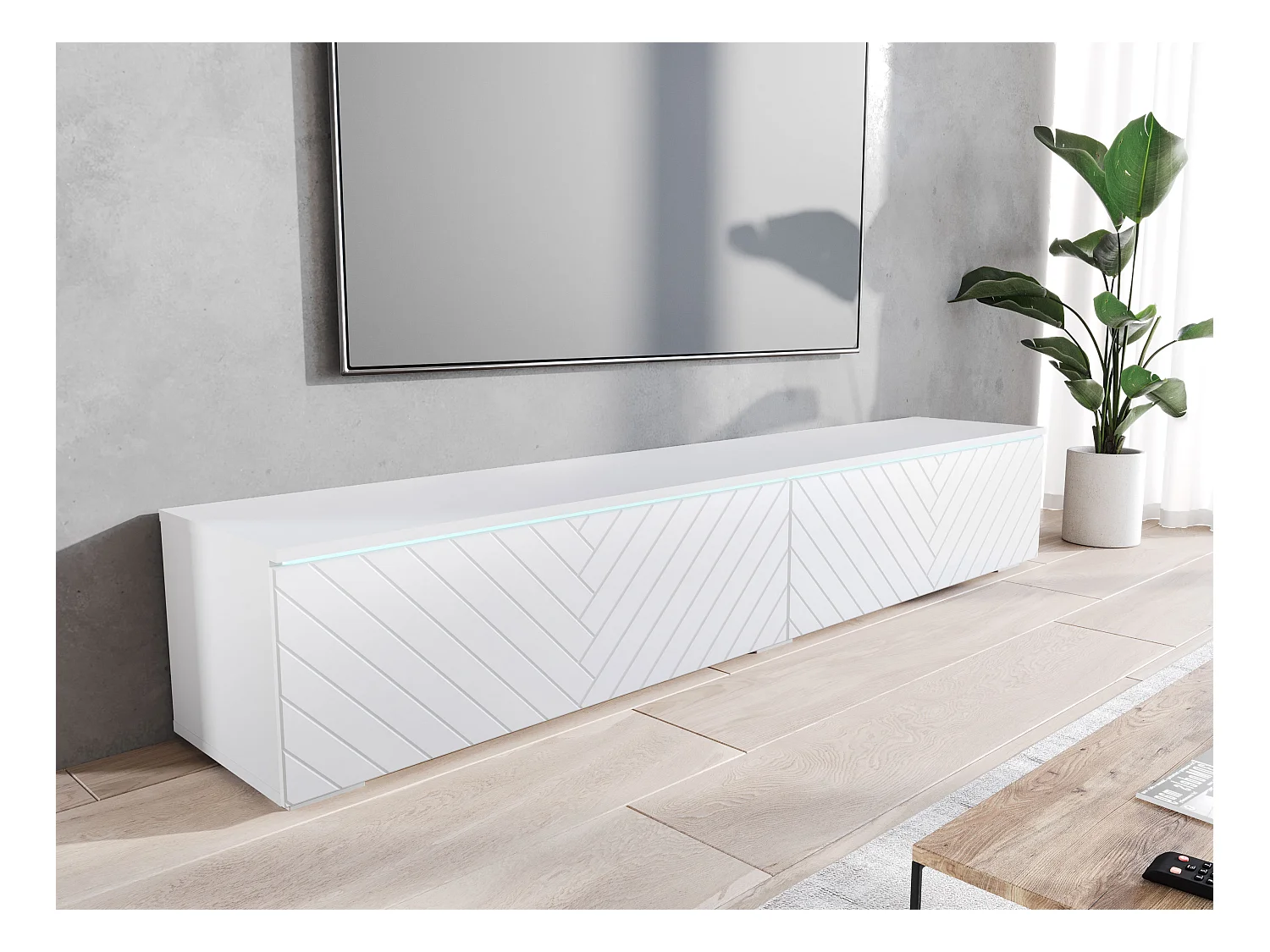 Meuble TV moderne 180 cm avec LED pour salon – 2 portes, sans poignées, blanc mat, à poser ou suspendu, façades MDF motif chevrons