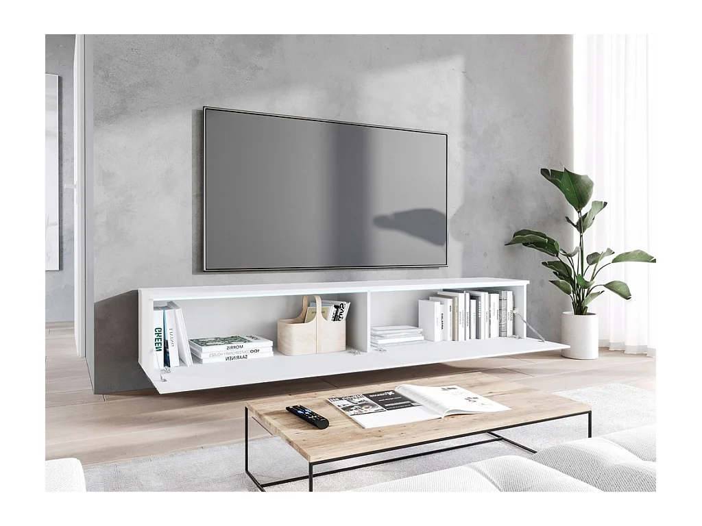 Meuble TV moderne 180 cm avec LED pour salon – 2 portes, sans poignées, blanc mat, à poser ou suspendu, façades MDF motif chevrons