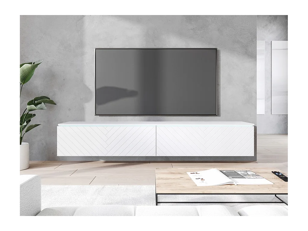 Meuble TV moderne 180 cm avec LED pour salon – 2 portes, sans poignées, blanc mat, à poser ou suspendu, façades MDF motif chevrons