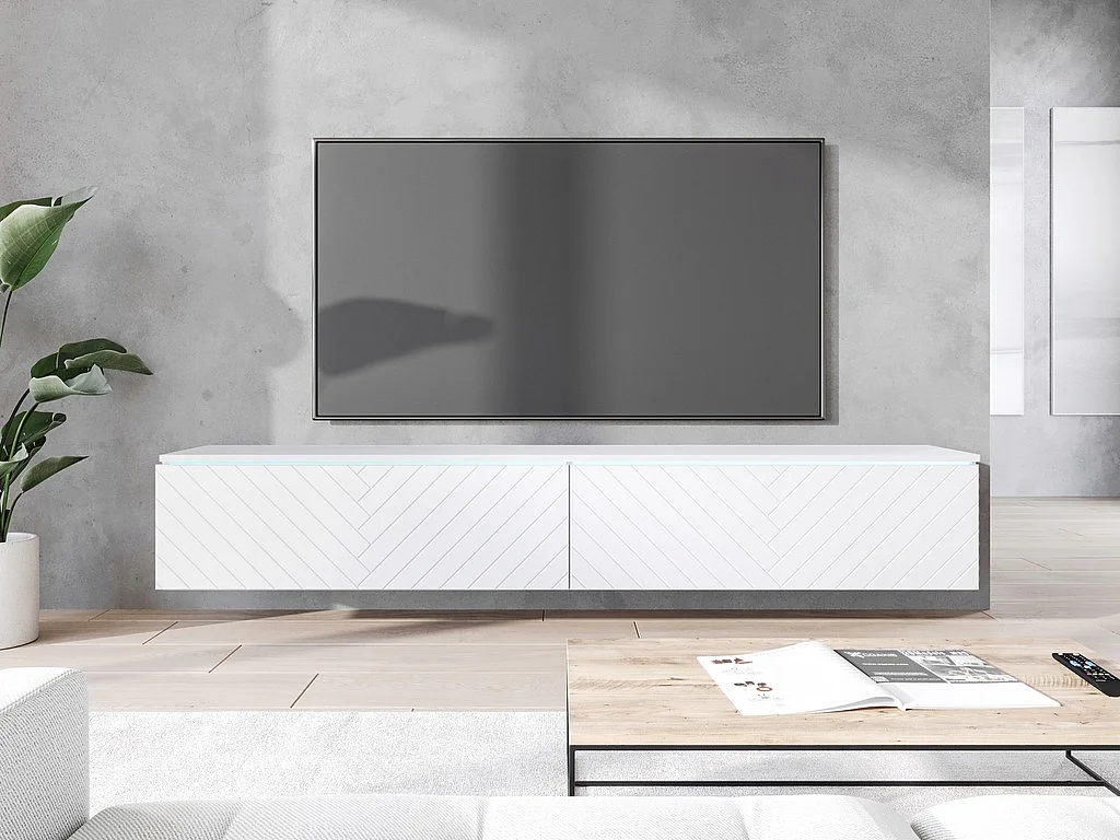 Meuble TV moderne 180 cm avec LED pour salon – 2 portes, sans poignées, blanc mat, à poser ou suspendu, façades MDF motif chevrons