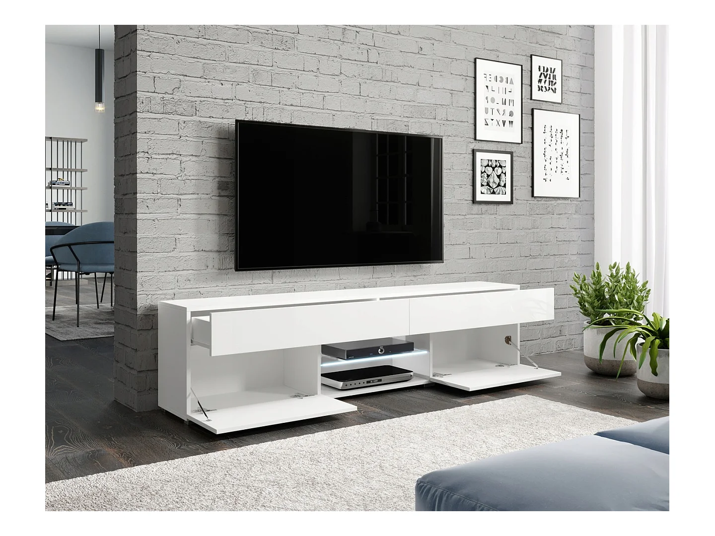 Nowoczesny lowboard RTV 180 cm do salonu z LED biały mat biały połysk stojący z szufladami i półkami