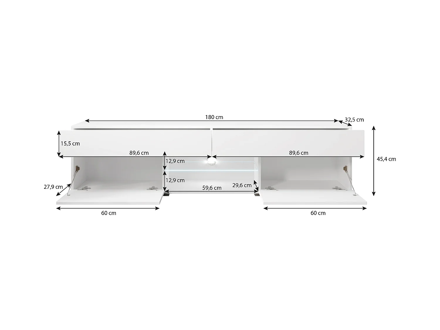 Nowoczesny lowboard RTV 180 cm do salonu z LED biały mat biały połysk stojący z szufladami i półkami