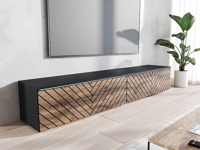 Meuble TV moderne 180 cm avec LED pour salon – 2 portes, sans poignées, noir mat, à poser ou suspendu, façades MDF chêne wotan motif chevrons
