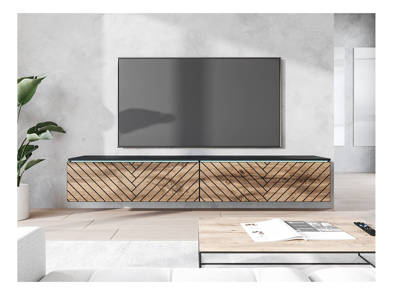 Meuble TV moderne 180 cm avec LED pour salon – 2 portes, sans poignées, noir mat, à poser ou suspendu, façades MDF chêne wotan motif chevrons