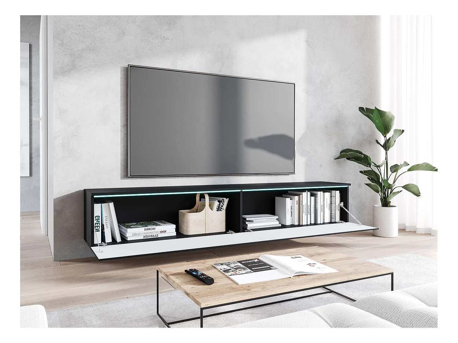 Meuble TV moderne 180 cm avec LED pour salon – 2 portes, sans poignées, noir mat, à poser ou suspendu, façades MDF chêne wotan motif chevrons