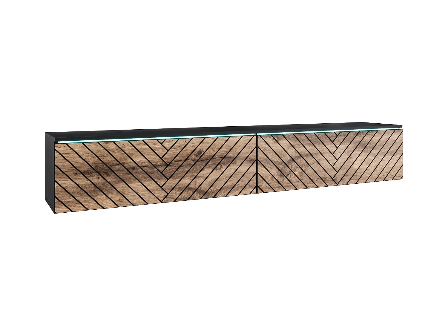 Meuble TV moderne 180 cm avec LED pour salon – 2 portes, sans poignées, noir mat, à poser ou suspendu, façades MDF chêne wotan motif chevrons