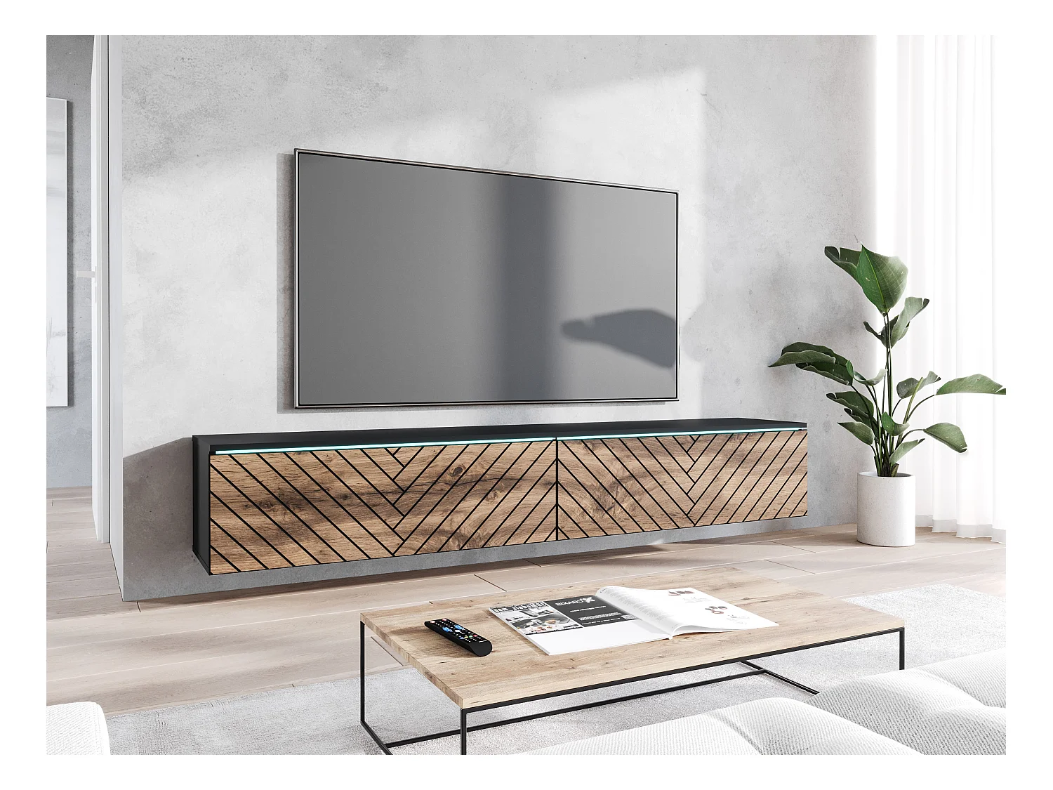 Meuble TV moderne 180 cm avec LED pour salon – 2 portes, sans poignées, noir mat, à poser ou suspendu, façades MDF chêne wotan motif chevrons