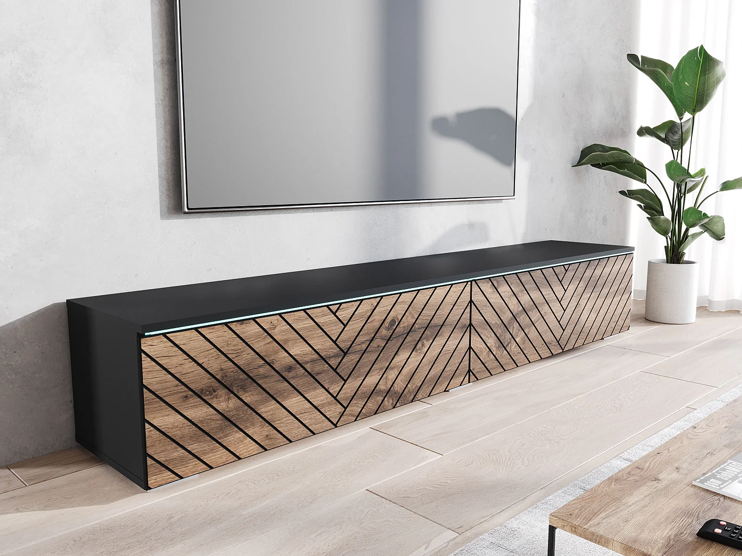 Meuble TV moderne 180 cm avec LED pour salon – 2 portes, sans poignées, noir mat, à poser ou suspendu, façades MDF chêne wotan motif chevrons